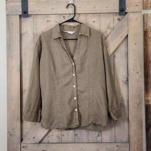 Liz & Jane 100% Linen Button Down Top Large Olive Green